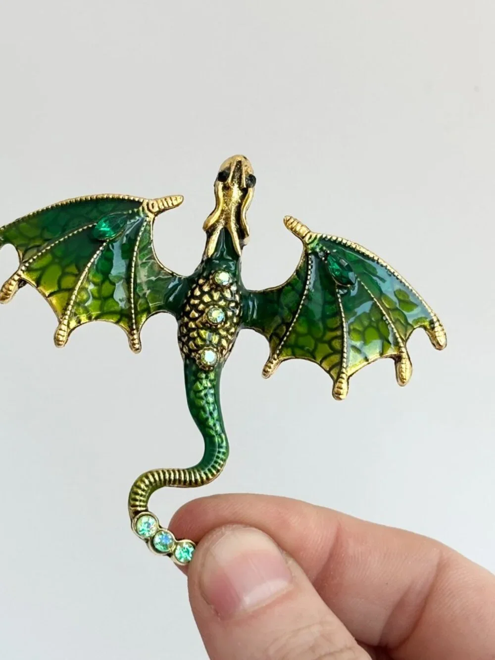 Dragon Figural Green Enameled Rhinestone Accented Gold Toned Brooch Pin